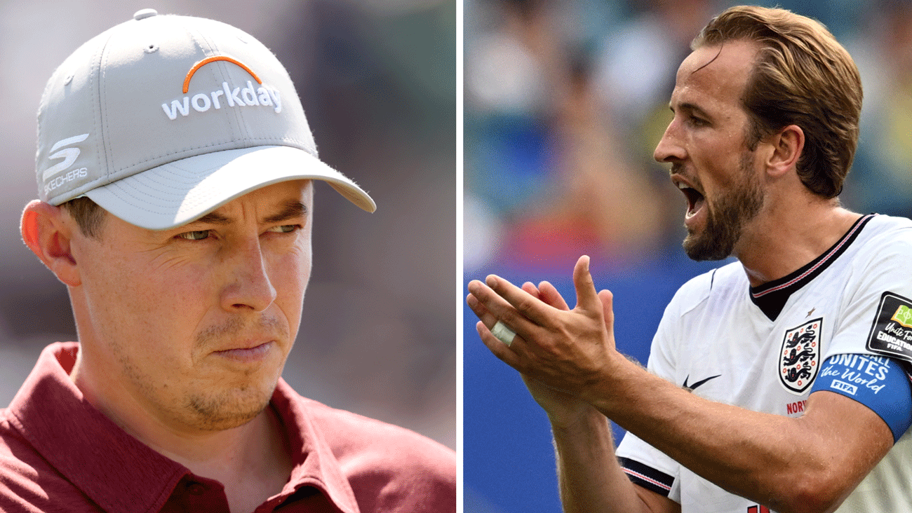 Split image: On the left, matt fitzpatrick wearing a gray Workday cap looks serious, focused on the intensity of the competition—perhaps dreaming of the Open Championship. On the right, harry kane in a white jersey gestures and appears to shout during a match.