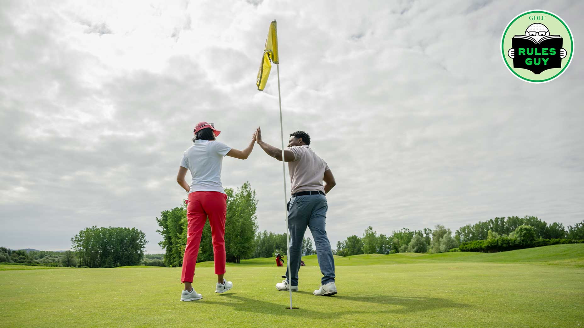 Two golfers standing near a flagstick on a green, giving each other a high five under a cloudy sky, celebrating what appears to be a hole-in-one, with trees and grass visible in the background.