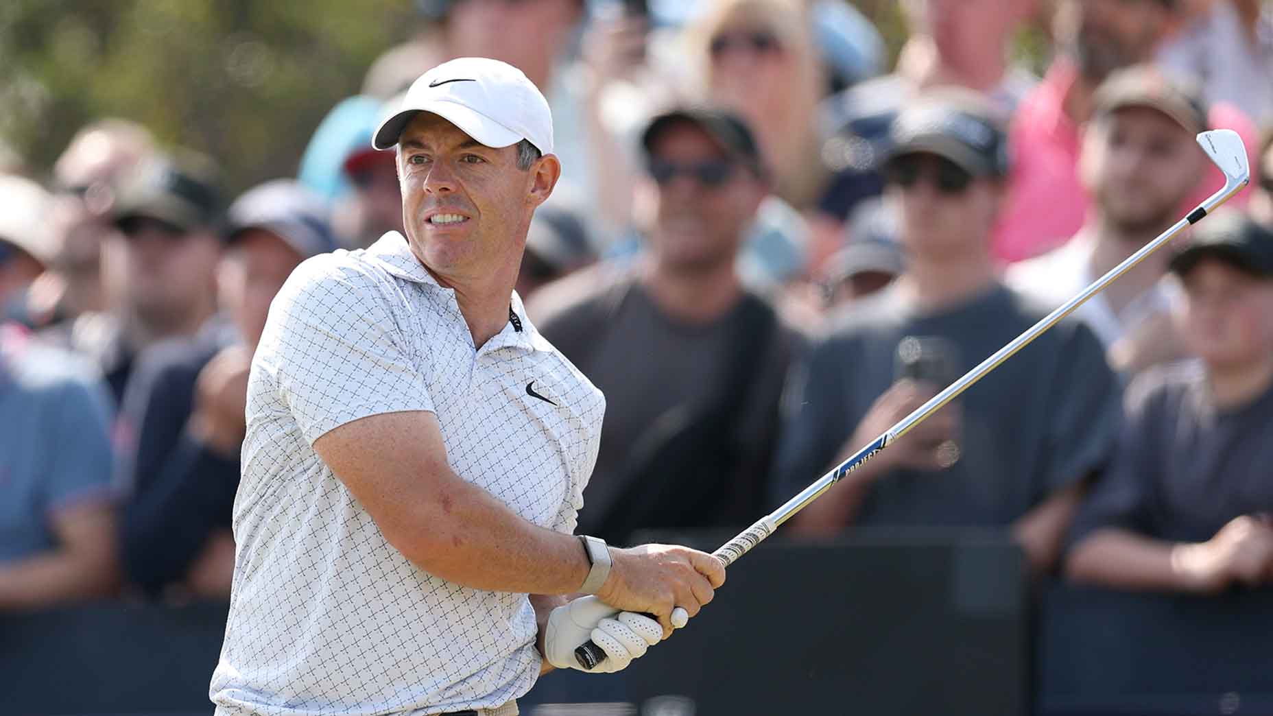 Rory McIlroy hits shot at 2026 Open Championship