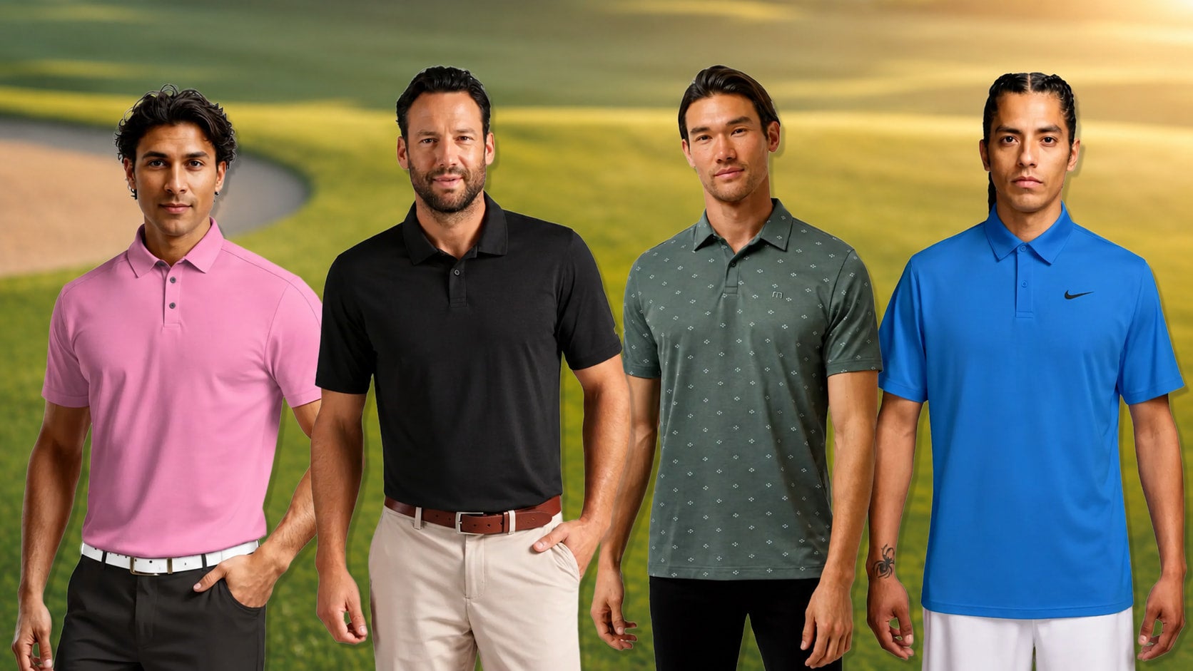 Four men stand side by side on a golf course, each wearing a different colored polo shirt—pink, black, green with a pattern, and blue—likely picked up from the PGA Tour Superstore. They face the camera, posing confidently with a blurred green background.