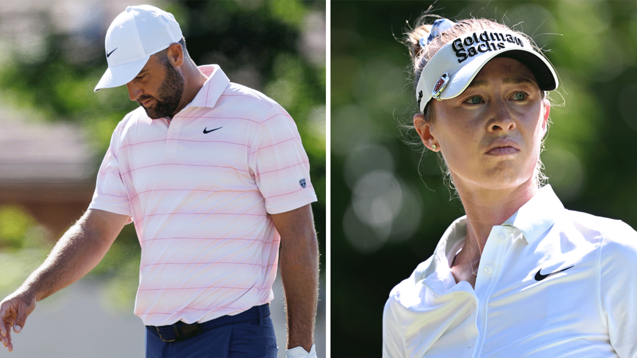 Split image: On the left, a man in a pink striped polo and white cap looks down. On the right, a woman in a white shirt and visor gazes into the distance outdoors. Both wear Nike logos.