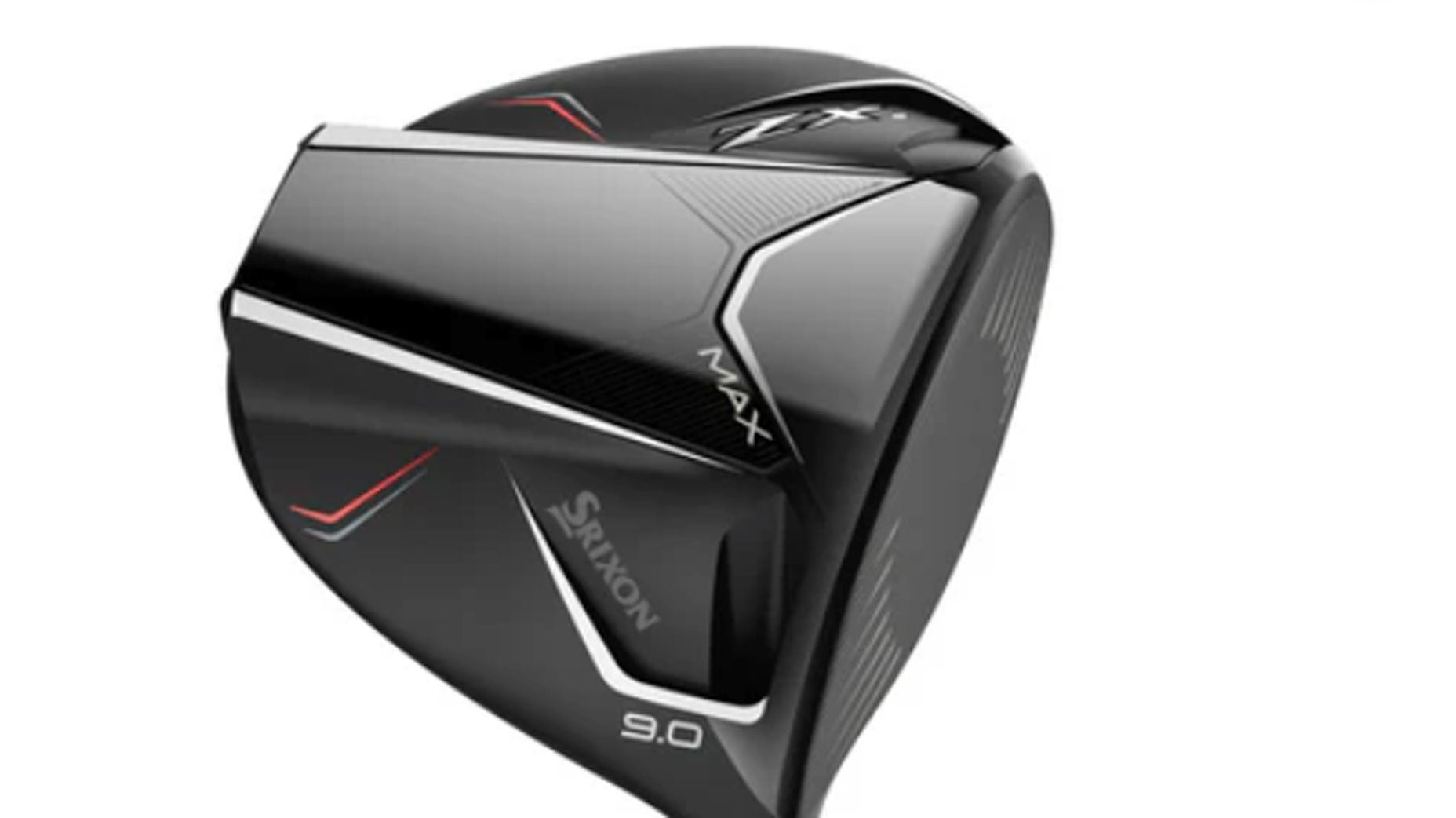 A black Srixon ZX5 Max 9.0 golf driver is shown on a white background, featuring signature Srixon silver and red accents and a modern, aerodynamic design.