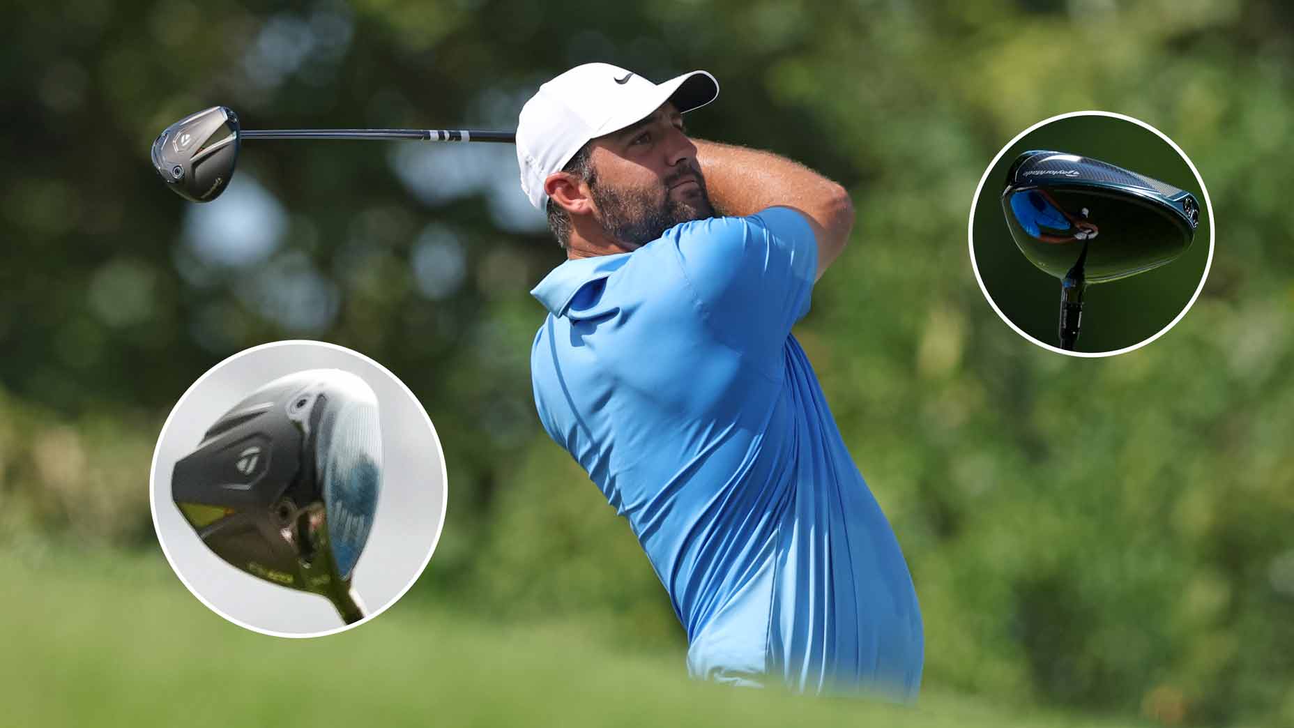 A golfer in a blue shirt and white cap swings a golf club, demonstrating a powerful technique reminiscent of the Scottie Scheffler driver. Two insets show close-ups of the golf driver he is using, while trees and greenery are softly blurred in the background.